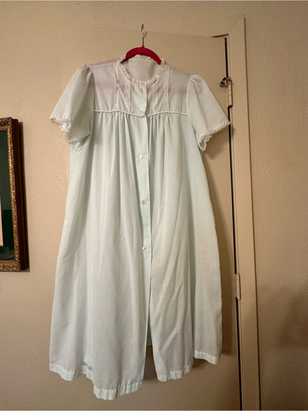 Women's Mint Green Button-Front Nightgown with Lace Trim